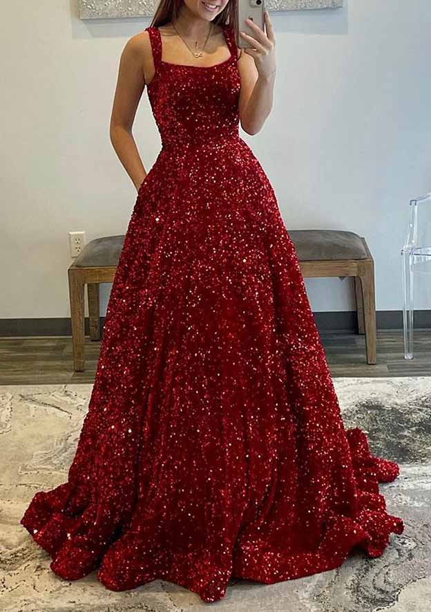 Square Neckline Sleeveless Sweep Train Velvet Sequins Prom Dress with Pockets